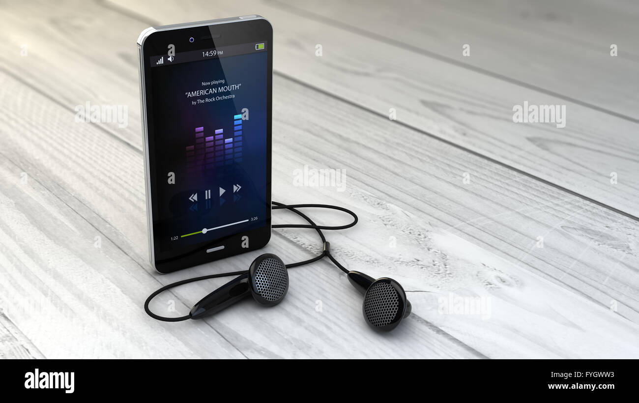 Digital erzeugte Smartphone mit Kopfhörern und Musik-app. Alle Bildschirm-Grafiken bestehen. Stockfoto