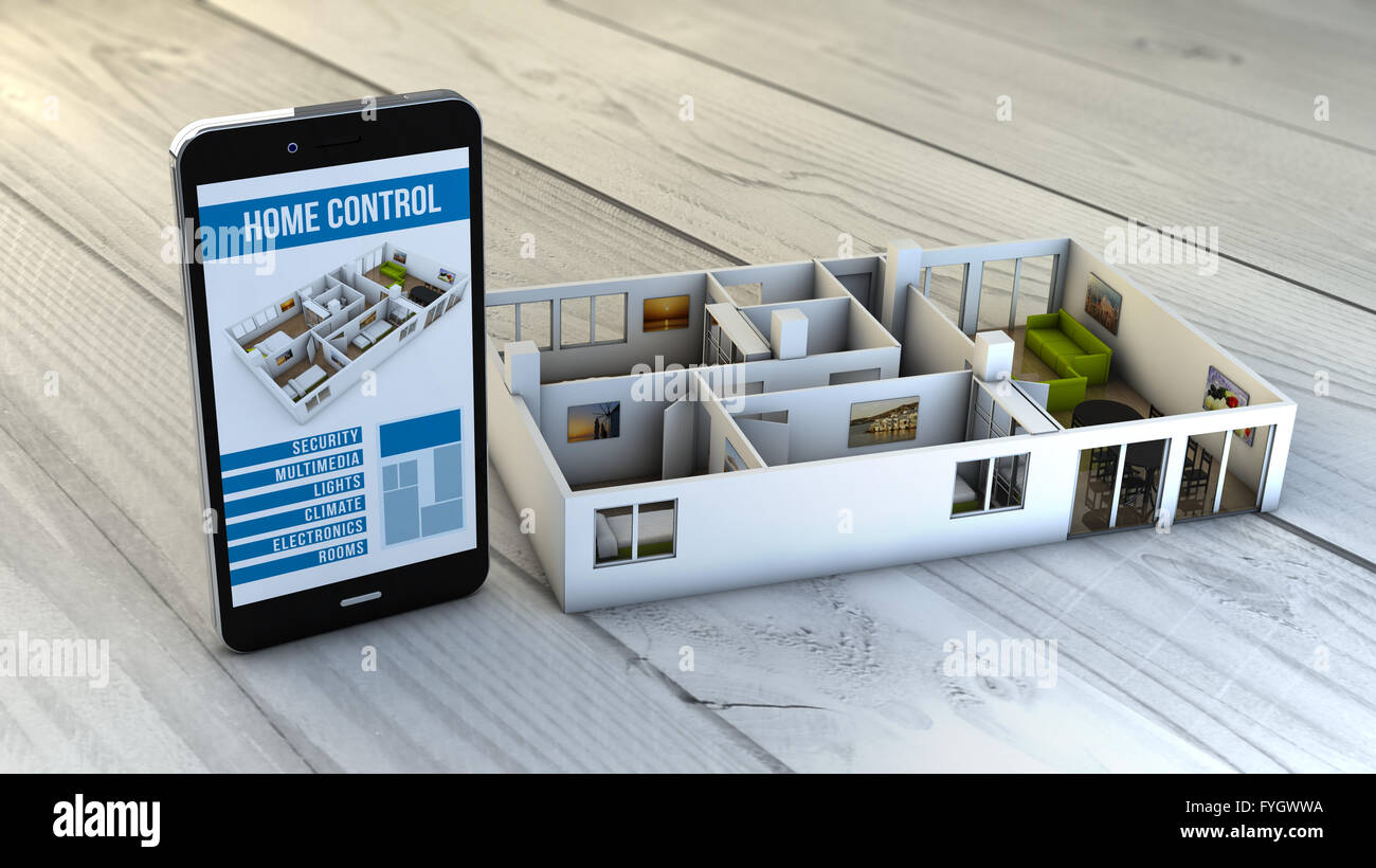 Haussteuerung app auf einem digital generierten Smartphone mit einem flachen Mock-up. Alle Bildschirm-Grafiken bestehen. Stockfoto