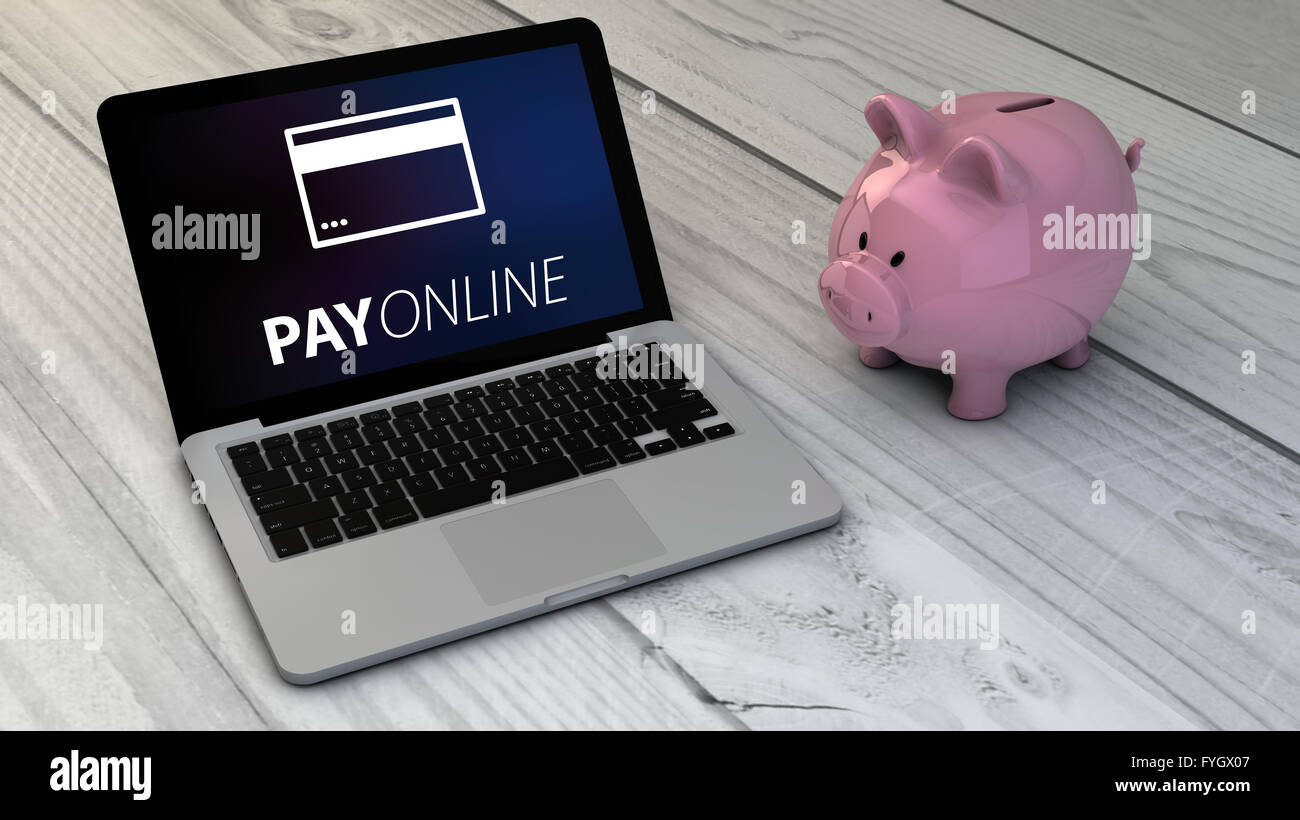 Online bezahlen und sparen Sie Geld-Konzept: Sparschwein und Pay online-Laptop über Schreibtisch aus Holz. Alle Bildschirmgrafiken bestehen Stockfoto