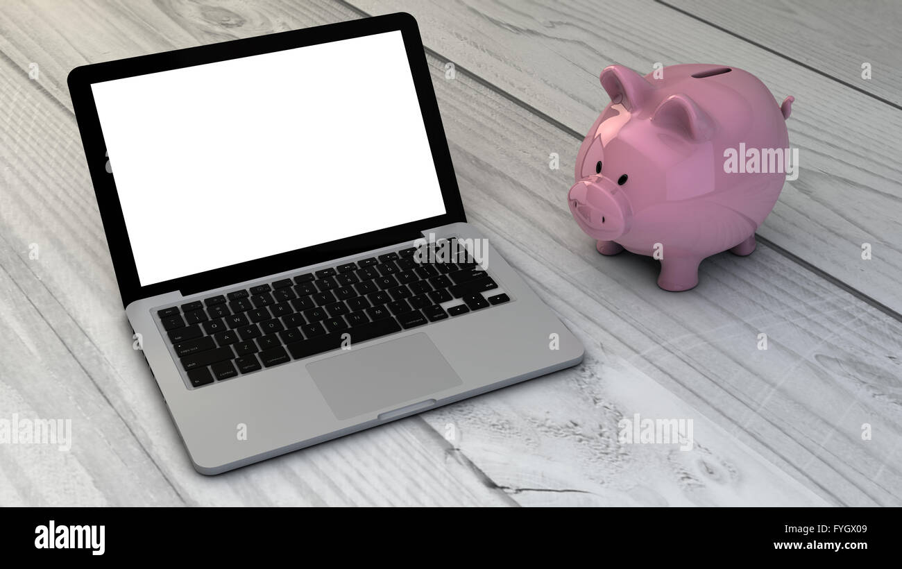 sparen Geld-Konzept: Sparschwein und leeren Bildschirm Laptop über Schreibtisch aus Holz Stockfoto
