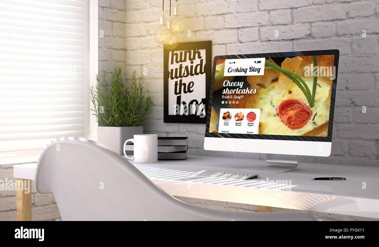 Technologie-Konzept: computergenerierte mit Kochen Blog auf dem Bildschirm auf stilvolle Arbeitsplatz. Alle Grafiken bestehen. Stockfoto