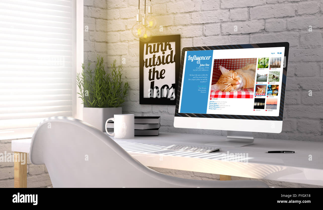 Influencer Marketing-Konzept: computergenerierte mit Influencer Profil auf dem Bildschirm auf stilvolle Arbeitsplatz. Alle Grafiken sind ma Stockfoto