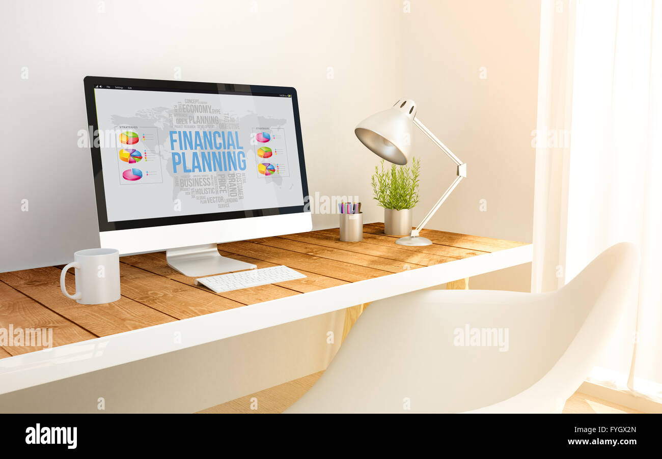 3D generierte minimalistischen Arbeitsbereich mit finanziellen Planung Computer und Exemplar. 3D Illustration. alle Bildschirmgrafiken gemacht Stockfoto