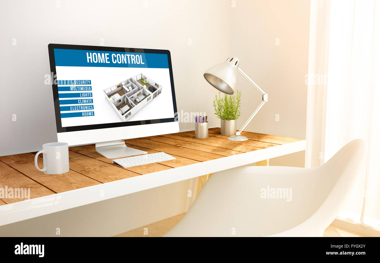 3D generierte minimalistischen Arbeitsbereich mit home-Automation-Computer und Exemplar. 3D Illustration. alle Bildschirmgrafiken bestehen Stockfoto