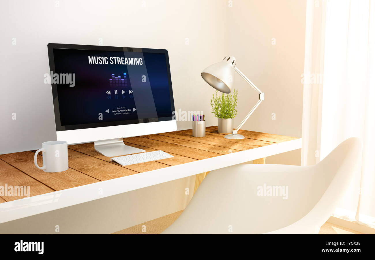 3D generierte minimalistischen Arbeitsbereich mit Musik-Streaming-Computer und Exemplar. 3D Illustration. alle Bildschirm-Grafiken bestehen. Stockfoto