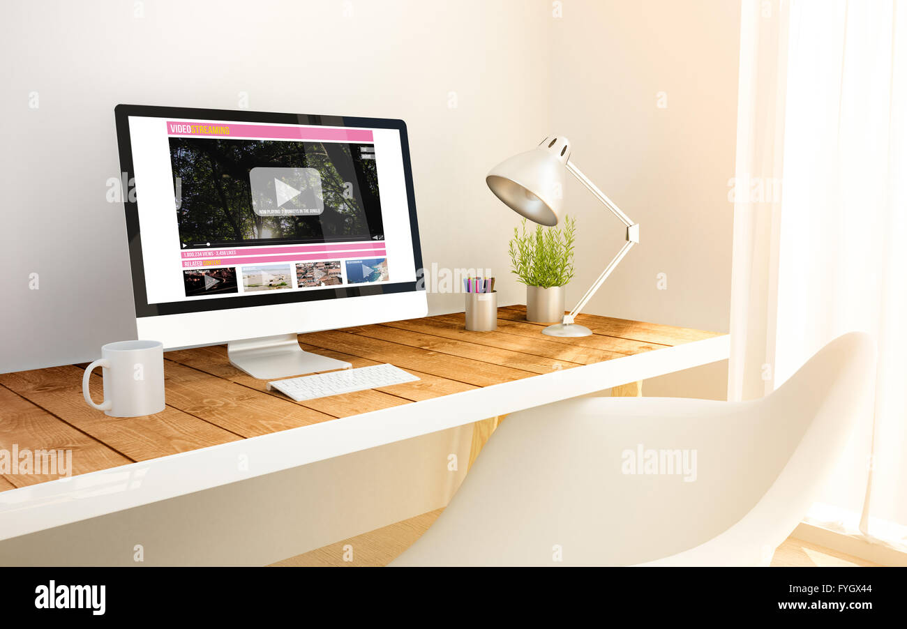 3D generierte minimalistischen Arbeitsbereich mit Video-Streaming-Screen-Computer und Exemplar. 3D Illustration. alle Bildschirm-Grafiken sind m Stockfoto