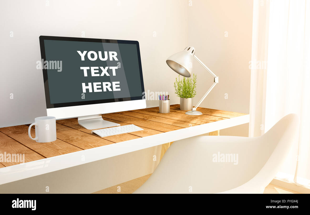 Computer und Exemplar Bildschirm 3D generierte minimalistischen Arbeitsbereich mit Ihrem Text hier. 3D Illustration. alle Bildschirm-Grafiken sind ma Stockfoto