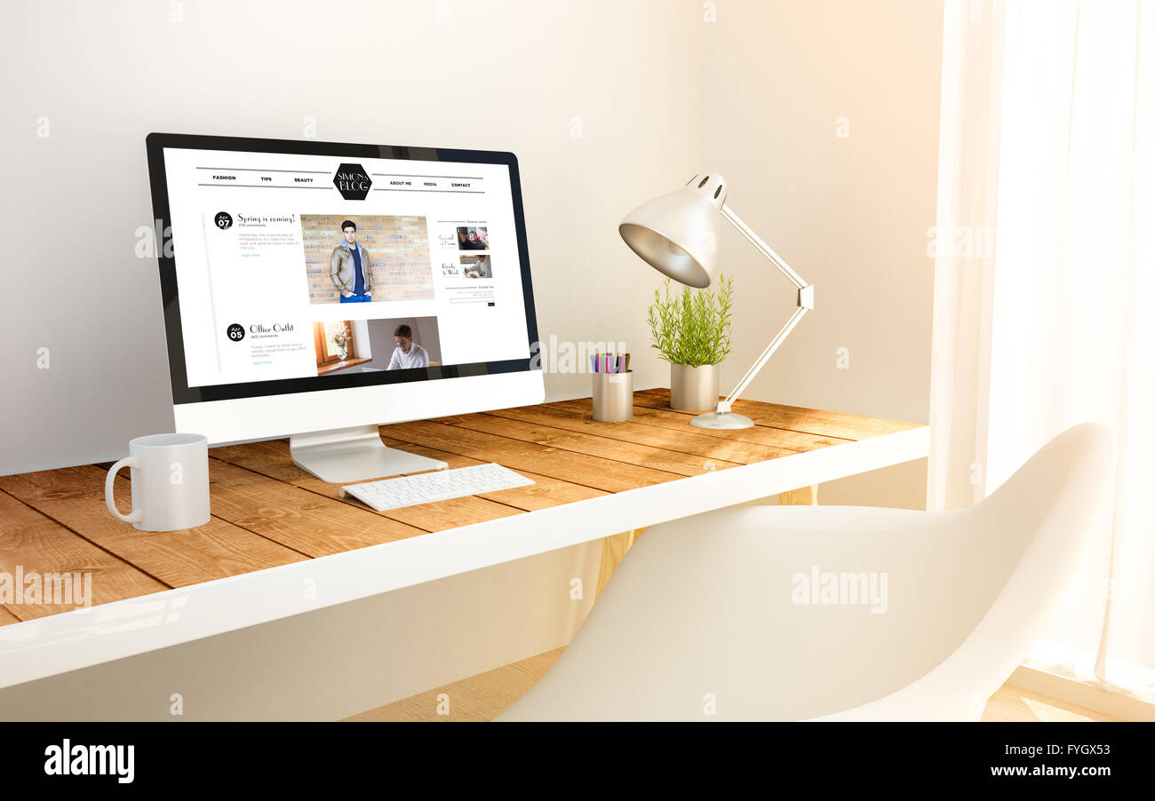 3D generierte minimalistischen Arbeitsbereich mit Blog auf einem Computer-Bildschirm und Exemplar. 3D Illustration. alle Bildschirm-Grafiken sind Stockfoto