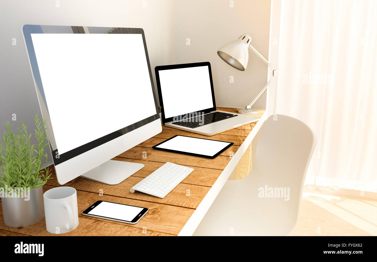 Unternehmensgeräte mock-up auf einen Arbeitsplatz mit Laptop, Tablet und smartphone Stockfoto