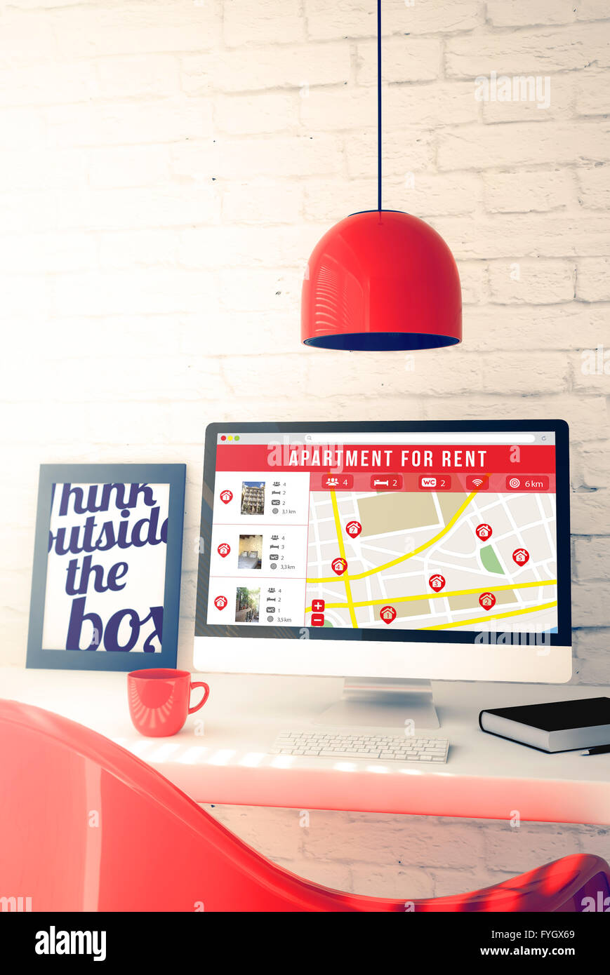 roten Arbeitsbereich mit Online-Wohnung zu vermieten Suche Webseite. 3D Illustration. Stockfoto