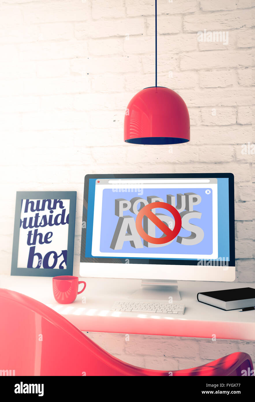 roten Arbeitsbereich mit Popup-Werbung Blocker Computer. 3D Illustration. Stockfoto