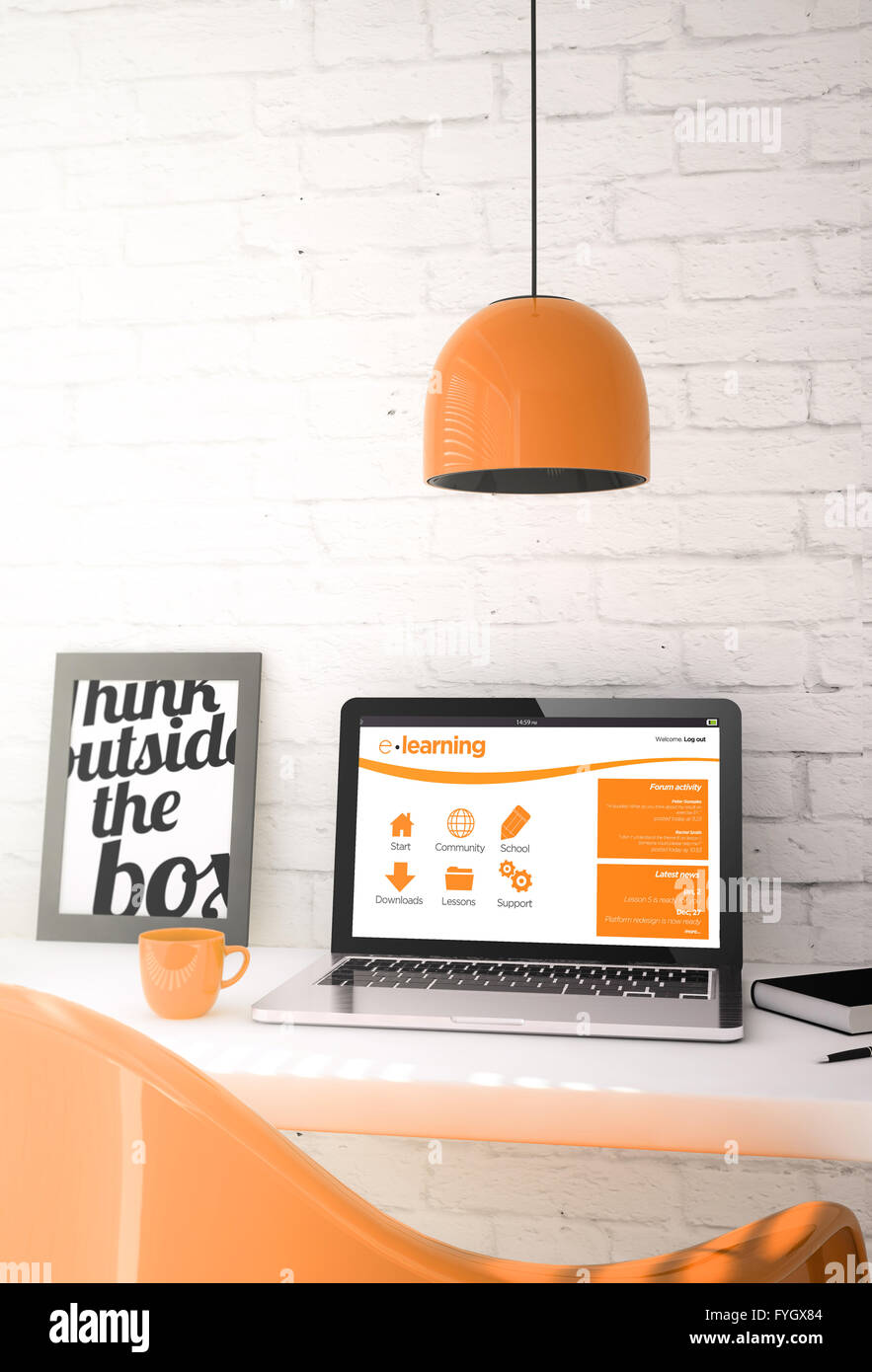 Laptop mit e-Learning-Website auf eine Arbeitsfläche im Büro. alle Bildschirm-Grafiken bestehen. 3D Illustration. Stockfoto