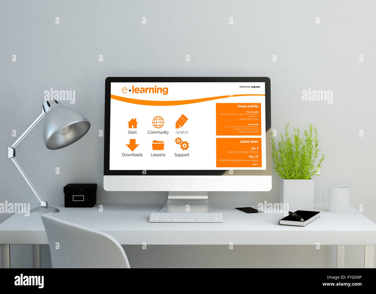 moderne saubere Arbeitsbereich zeigt Elearning-Website. 3D Illustration. alle Bildschirm-Grafiken bestehen. Stockfoto