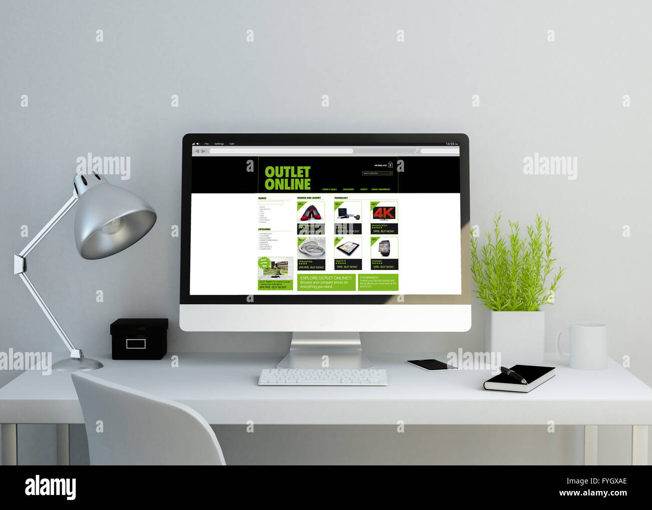 moderne saubere Arbeitsbereich Mockup mit Online-Shop-Website auf dem Bildschirm. 3D Illustration. alle Bildschirm-Grafiken bestehen. Stockfoto