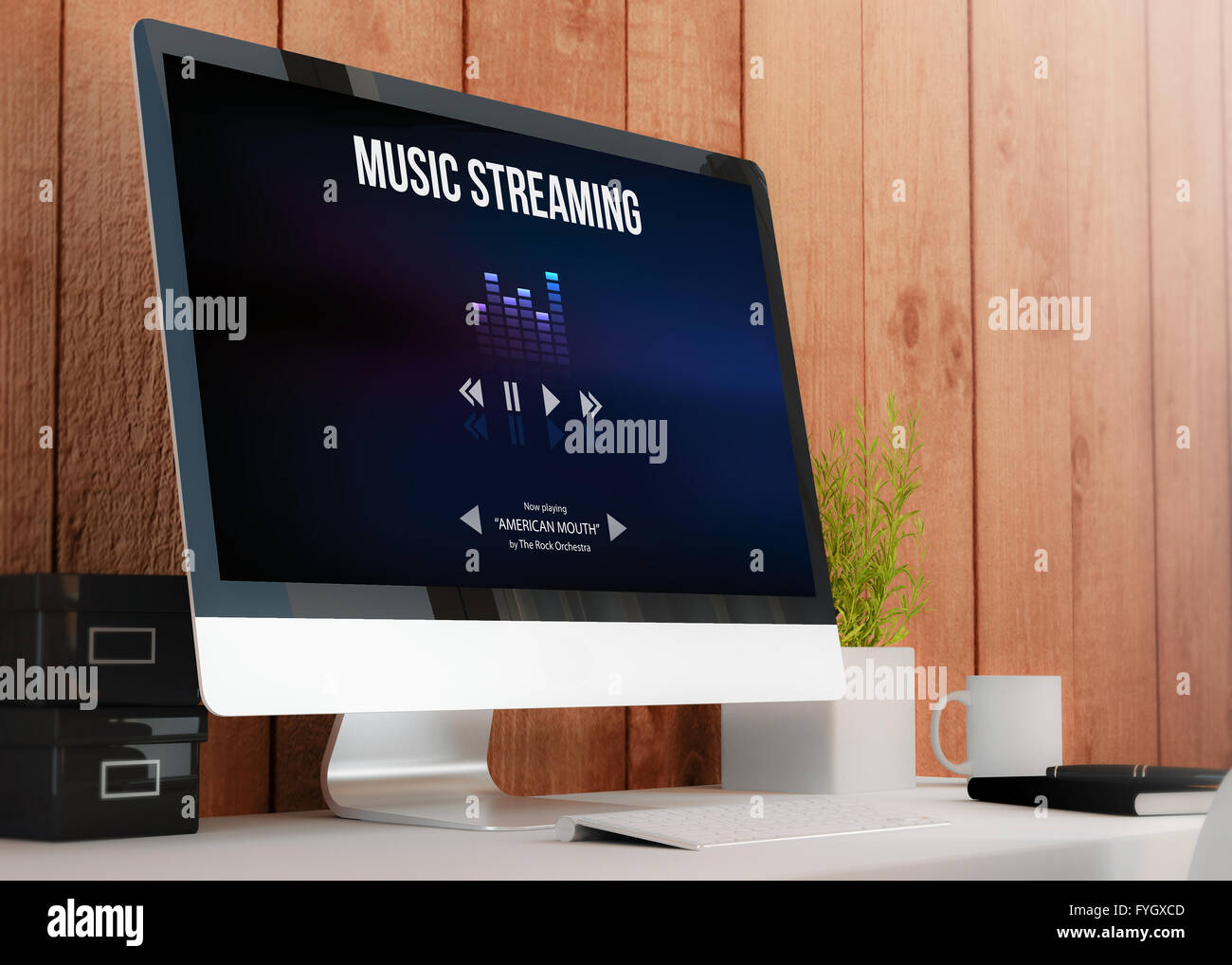 moderne hölzerne Arbeitsbereich mit Computer zeigt Musik-Streaming-Website. Alle Bildschirm-Grafiken bestehen. 3D Illustration. Stockfoto