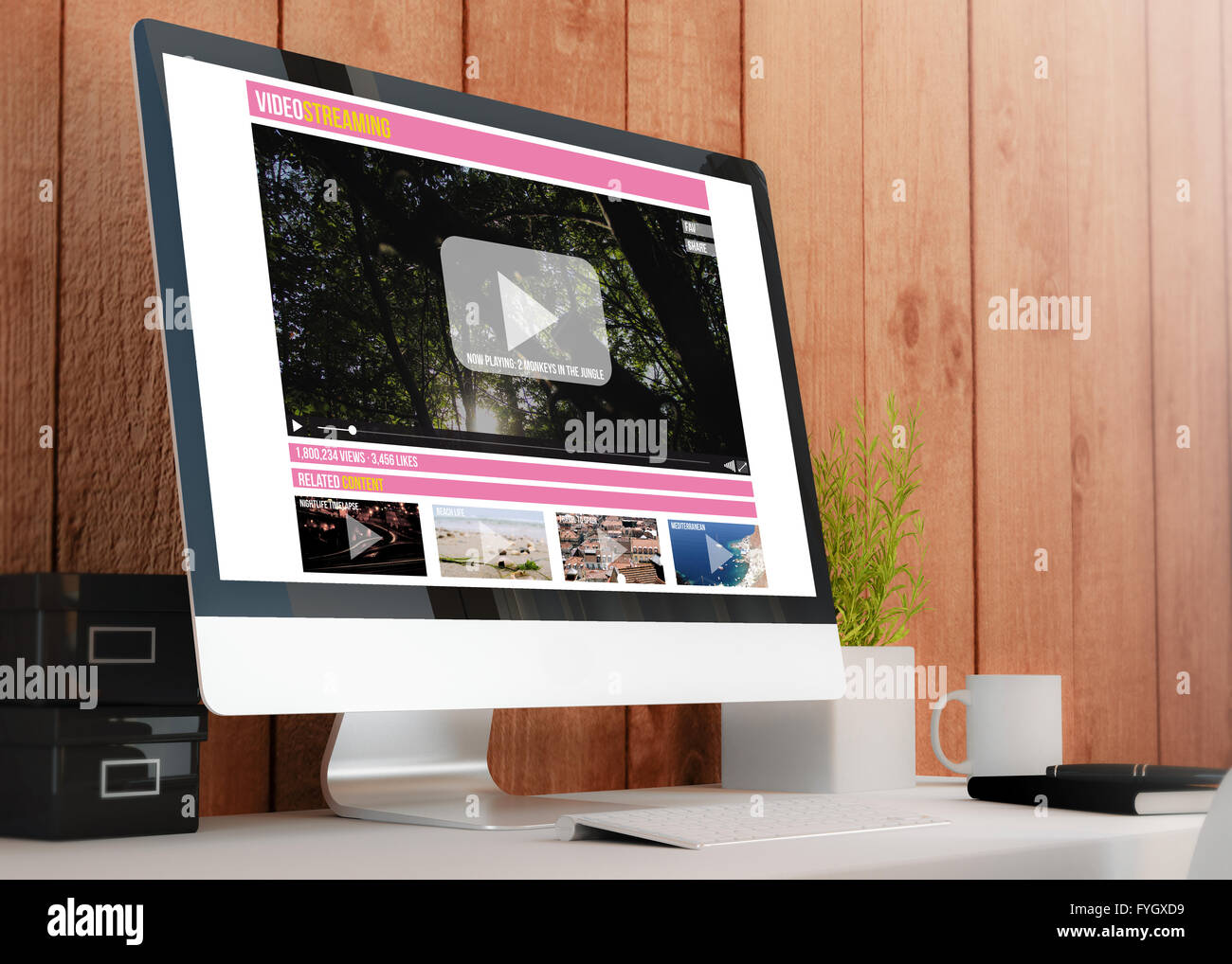 moderne hölzerne Arbeitsbereich mit Computer mit Videostreaming-Website. Alle Bildschirm-Grafiken bestehen. 3D Illustration. Stockfoto