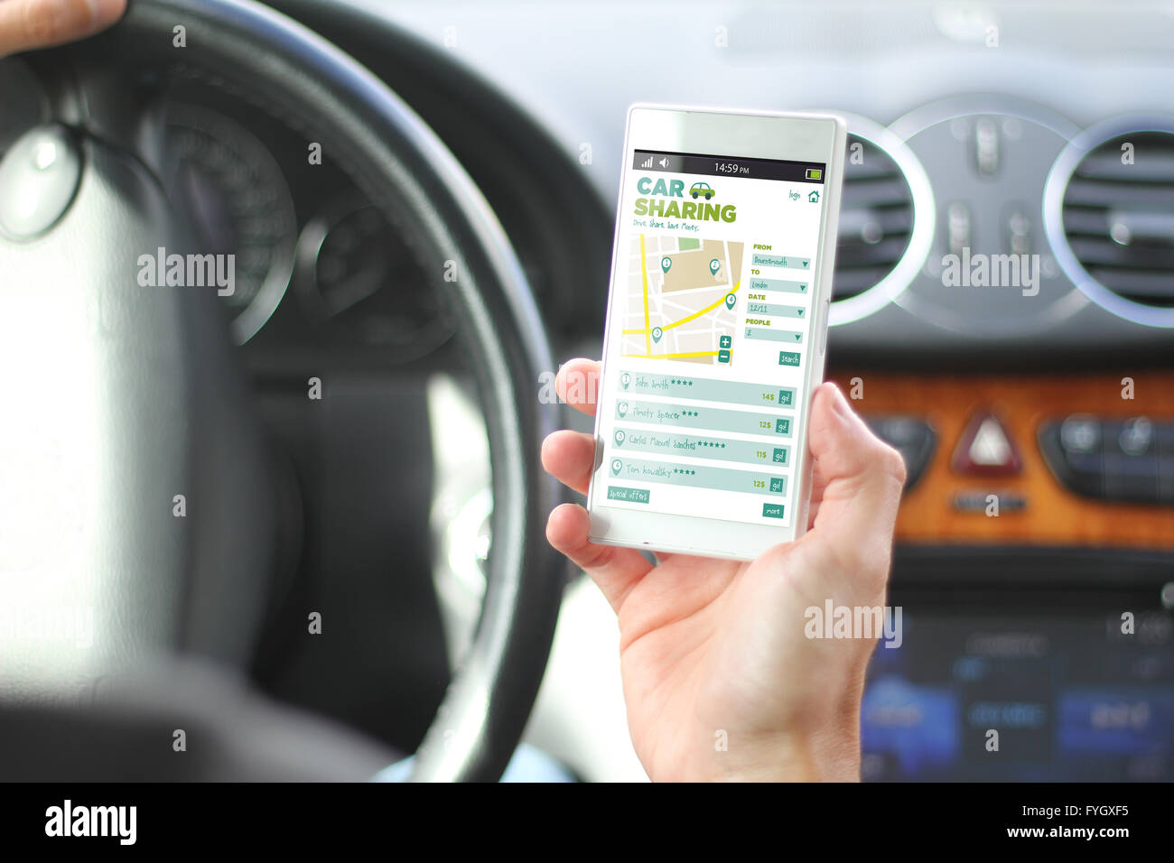 Fahrer mit Smartphone mit Car-sharing-app-Schnittstelle. Alle Bildschirm-Grafiken bestehen. Stockfoto