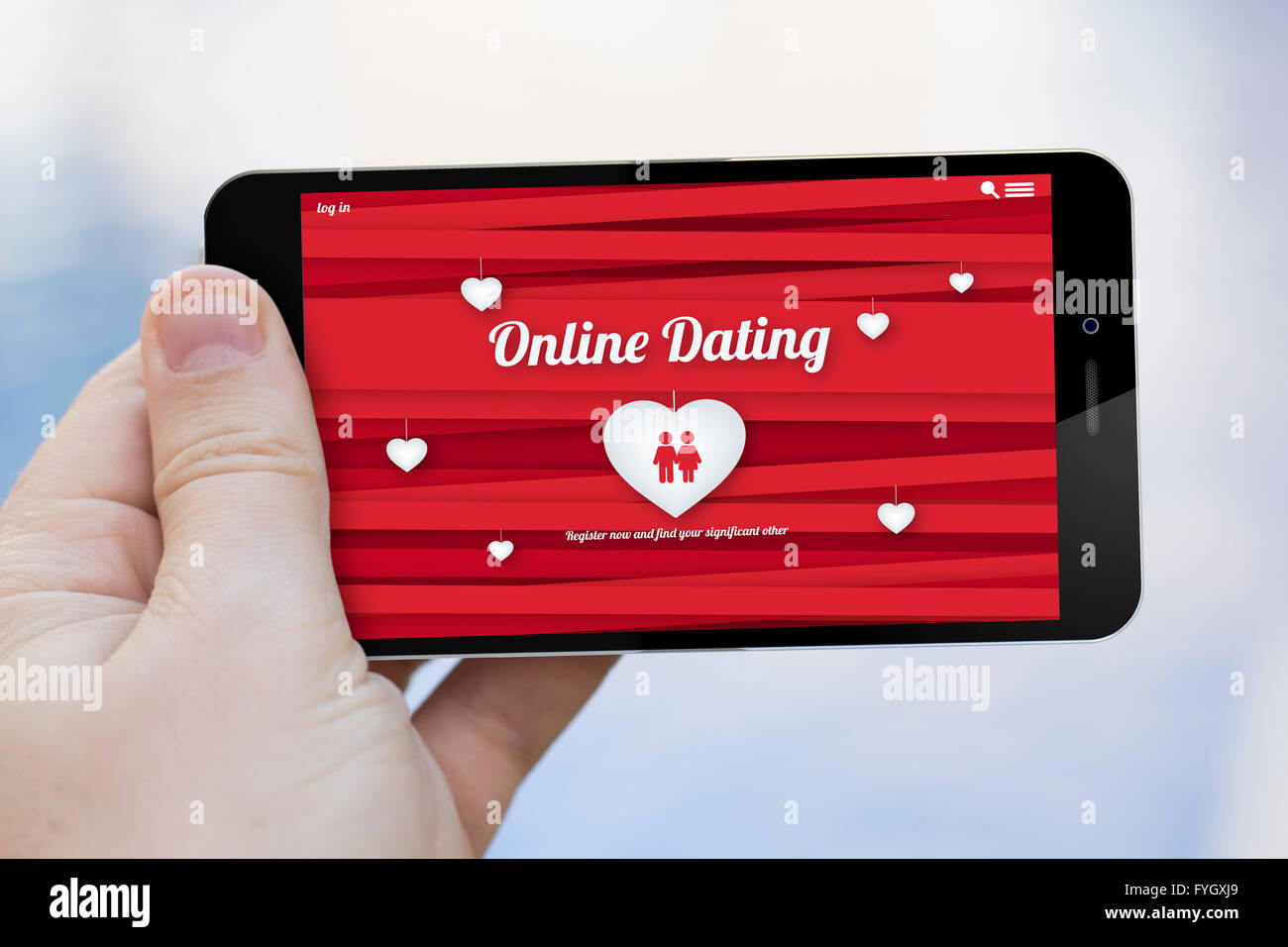 Kommunikation und soziale Netzwerk-Konzept: Hand, die ein online-dating 3d generierte Smartphone. Die Bildschirmgrafik bestehen. Stockfoto