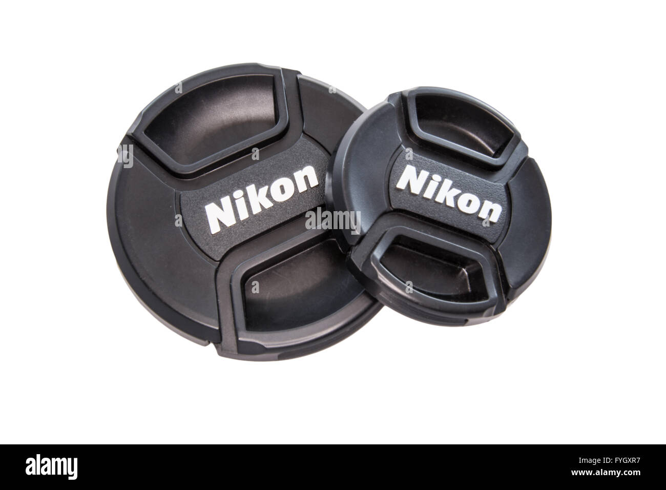 Zwei Nikon Objektivdeckel Stockfoto