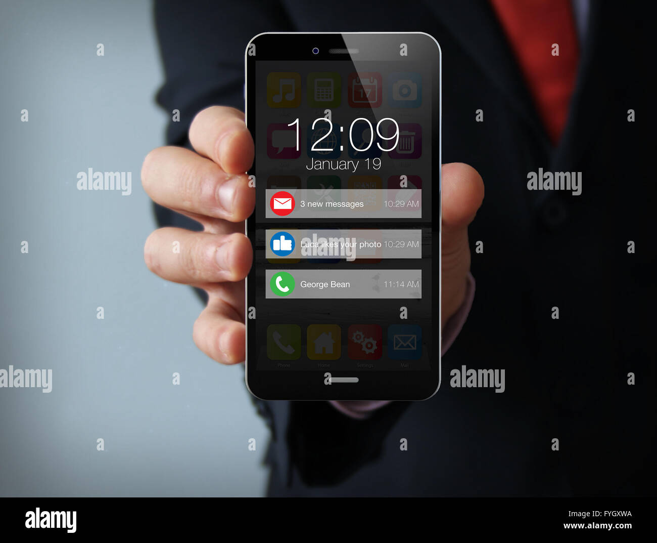 neue Technologien-Business-Konzept: Geschäftsmann Hand hält eine 3d Touch-Handy mit Benachrichtigungen auf dem Bildschirm erzeugt. Bildschirm Stockfoto