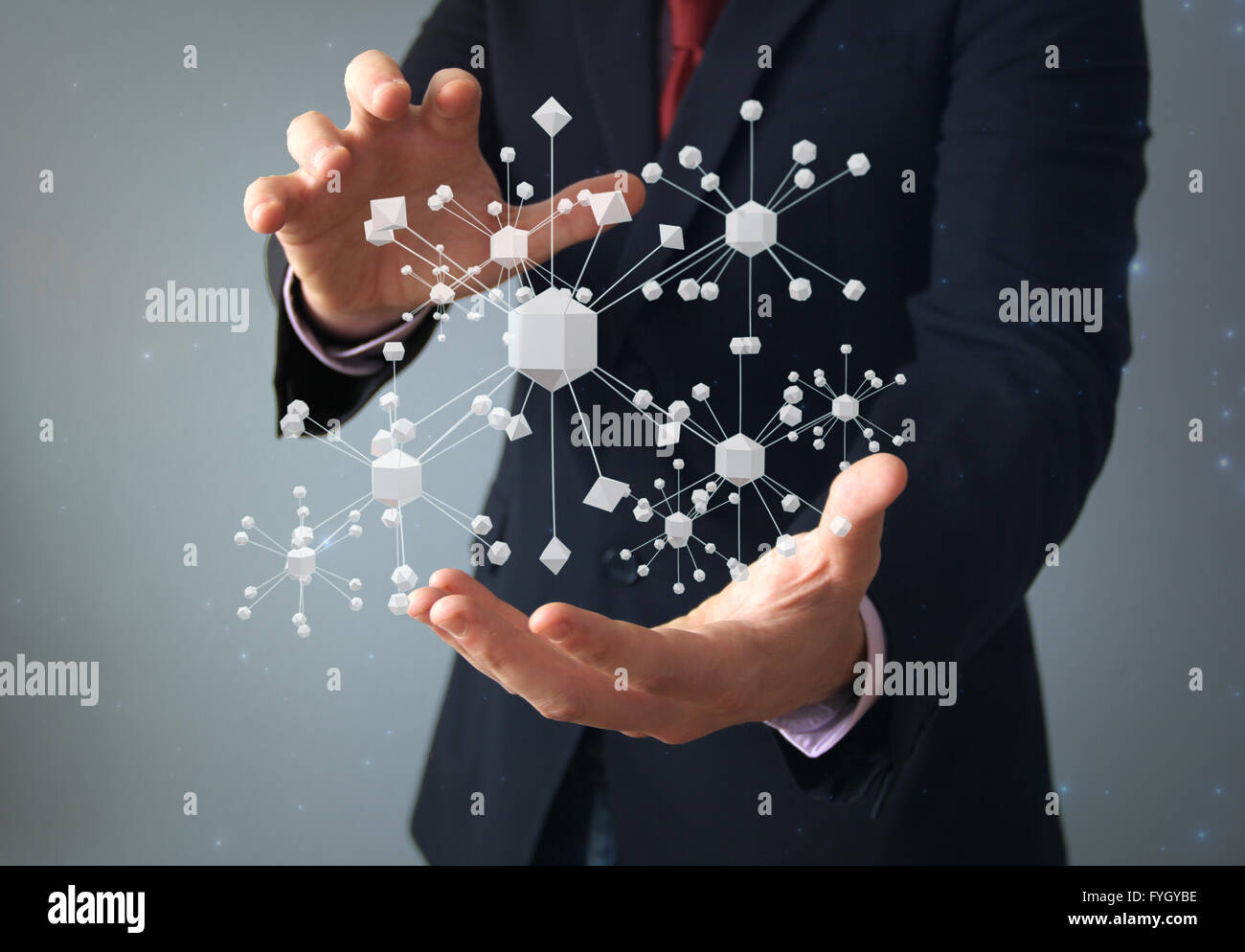 Physik oder Verbindung Konzept: Geschäftsmann mit molekularen Struktur auf Händen Stockfoto