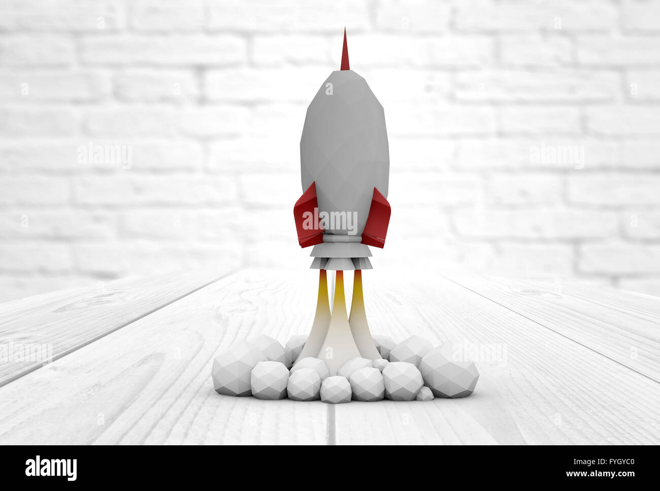 Inbetriebnahme und Innovation-Konzept: Raketenstart mock-up über hölzerne Tablette Render Stockfoto