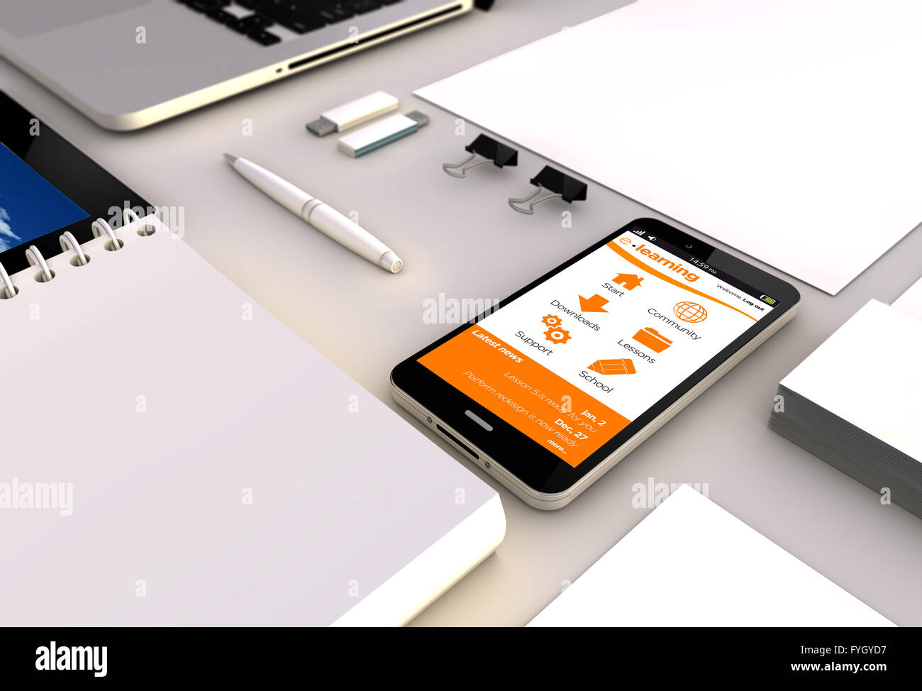 Online-Bildung-Konzept: Nahaufnahme von einem 3d generierte Touchscreeen Smartphone mit e-Learning-Plattform auf dem Bildschirm. Bildschirm Stockfoto