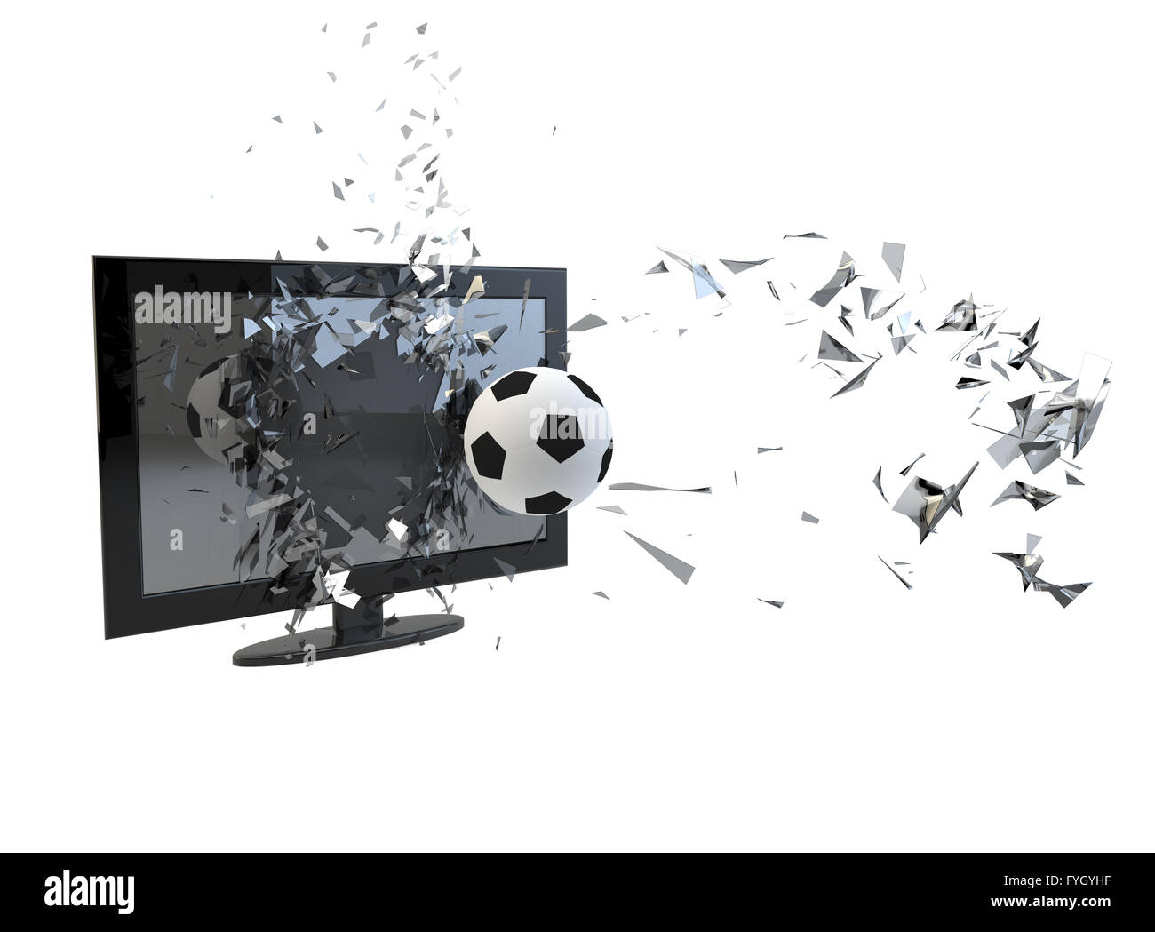 Rendern eines Fernsehers, unterbrochen durch einen Fußball Stockfoto