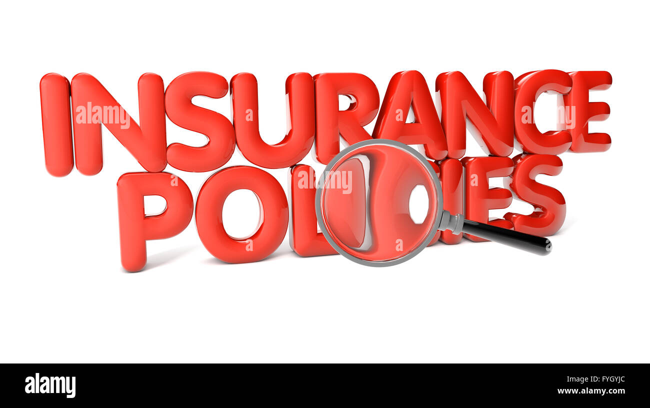 Versicherungspolicen Text isoliert auf weißem Hintergrund Stockfoto