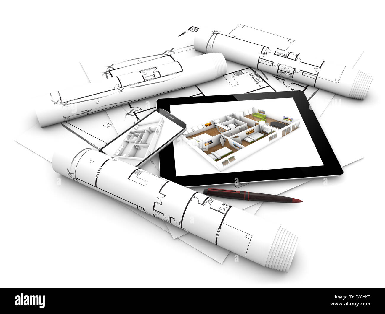 modernes Design-Konzept: Rendern eines Tablet und Smartphone mit flachen Projekt auf dem Bildschirm über Grundstücke und architektonischen zieht Isol Stockfoto