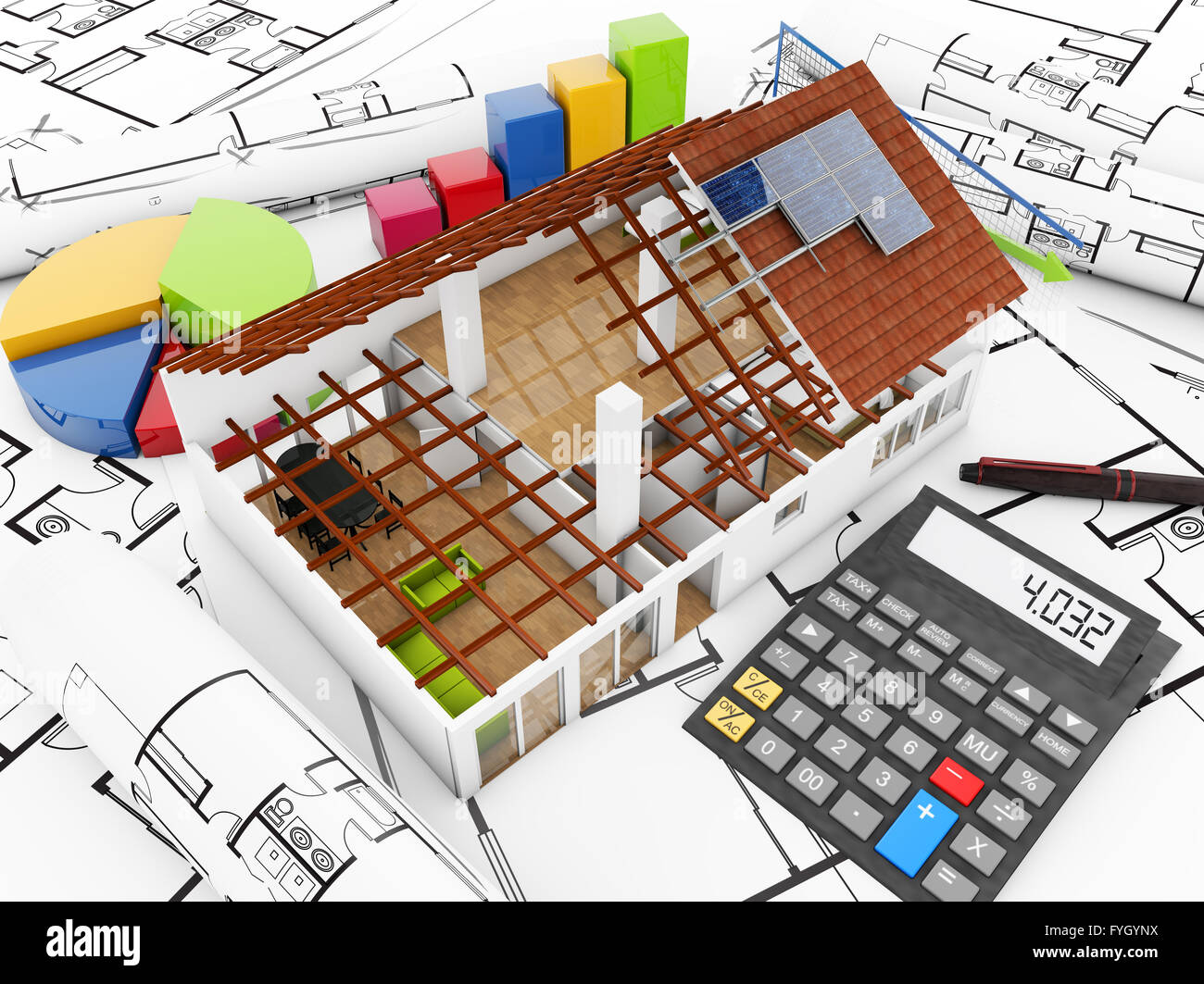 Immobilien Kosten-Konzept: Haus Struktur, Taschenrechner und Grafiken über Grundstücke Stockfoto