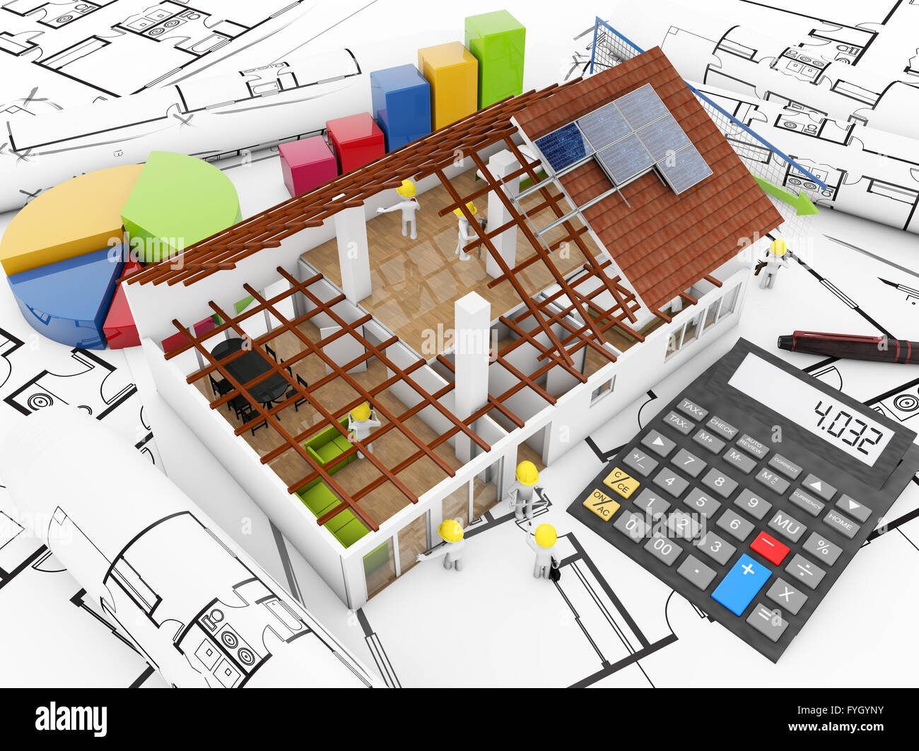 Arbeit-Balance-Konzept: Kugelkopf Arbeitnehmer auf eine Hausstruktur mit Taschenrechner und Grafiken über Architektur-Grundstücke Stockfoto