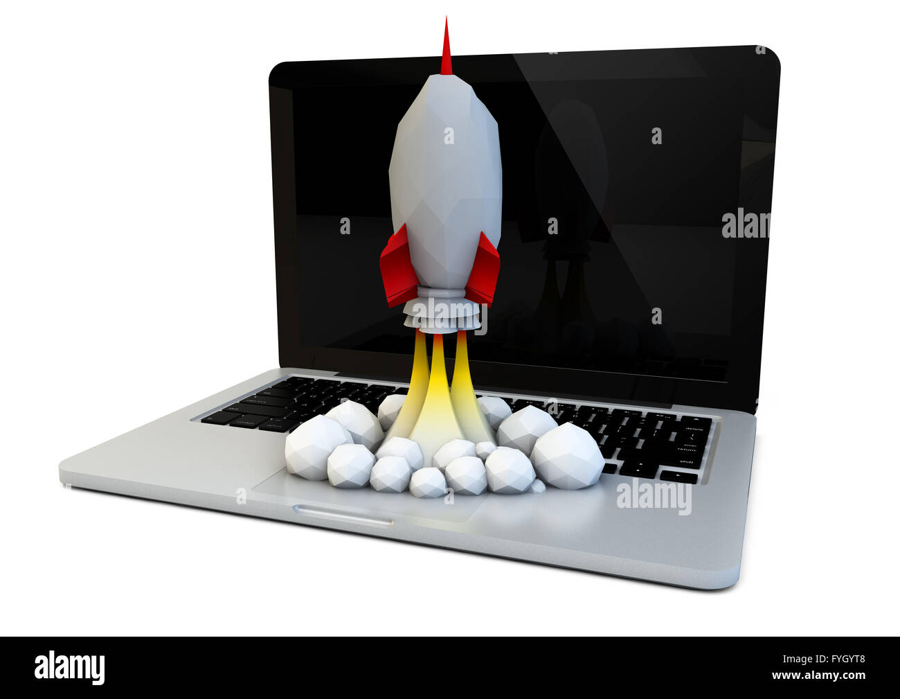 Rendern einer Rakete über einen Laptop, Launch-Konzept Stockfoto