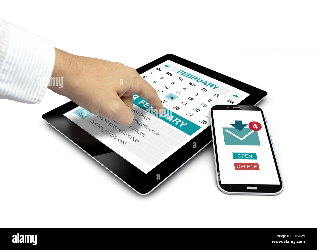Gruppe von Touchscreen-Geräten mit Produktivitäts-apps und einer Hand berühren des Bildschirms isoliert auf weißem Hintergrund. Alle Bildschirm grap Stockfoto