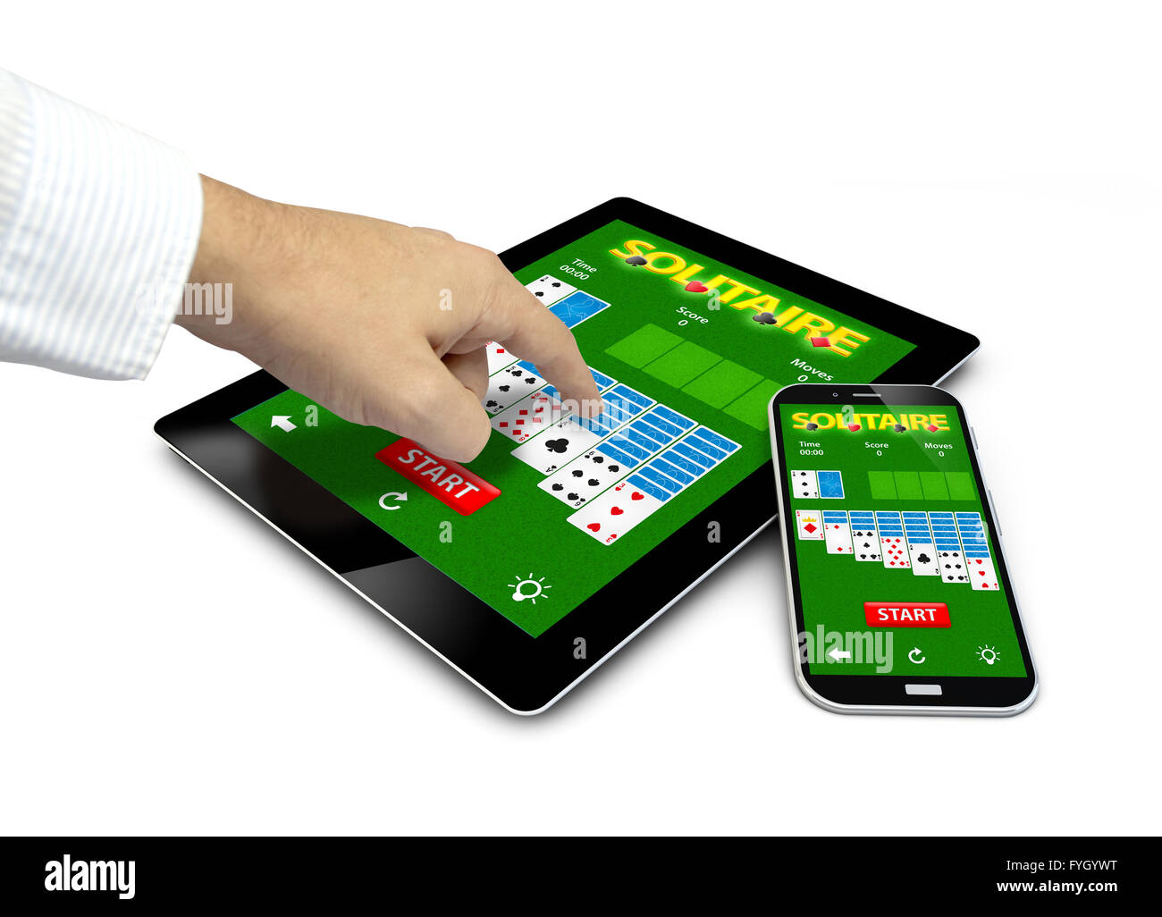 Gruppe von Touchscreen-Geräten mit Solitär-app und einer Hand berühren des Bildschirms isoliert auf weißem Hintergrund. Alle Bildschirmgrafiken Stockfoto