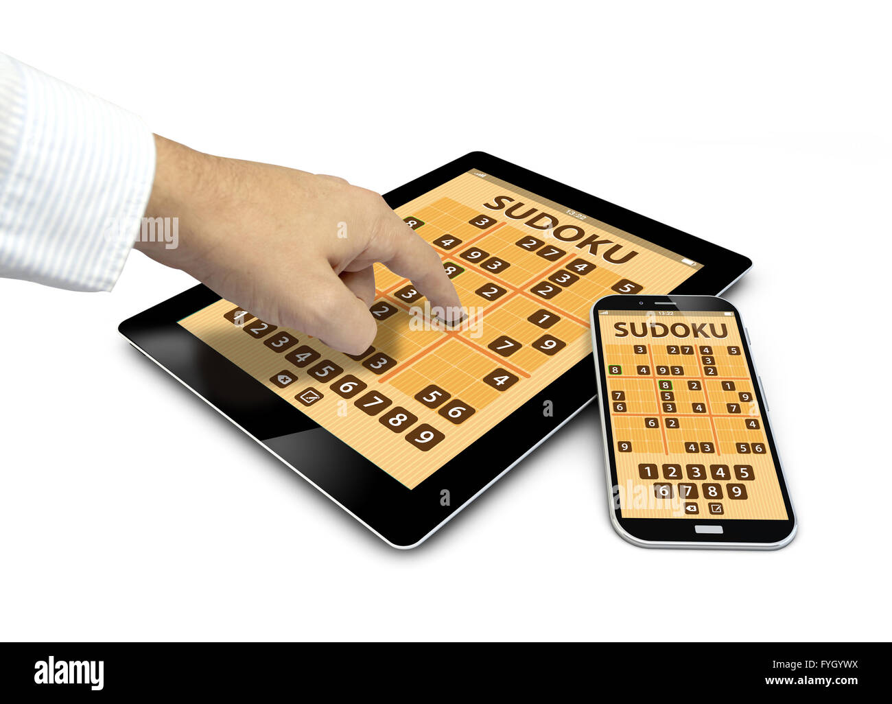 Gruppe von Touchscreen-Geräten mit Sudoku-Spiel und einer Hand berühren des Bildschirms isoliert auf weißem Hintergrund Stockfoto