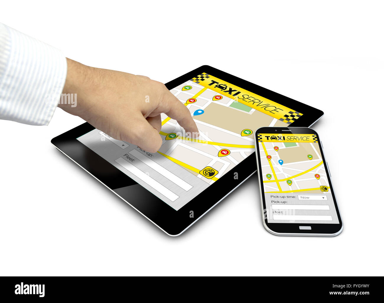 Gruppe von Touchscreen-Geräten mit Taxi-app und einer Hand berühren des Bildschirms isoliert auf weißem Hintergrund. Alle Bildschirm-Grafiken sind Stockfoto