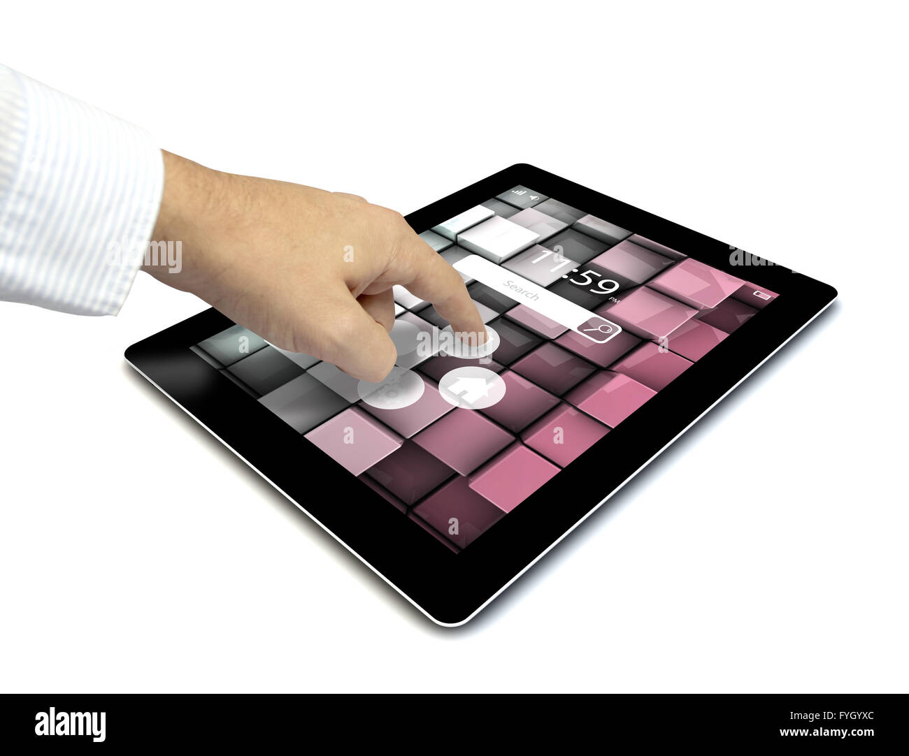 Touchscreen-Tablet mit bunten Schnittstelle farbige Icons und Schaltflächen mit einer Hand berühren des Bildschirms isoliert auf weißem Hinterg Stockfoto