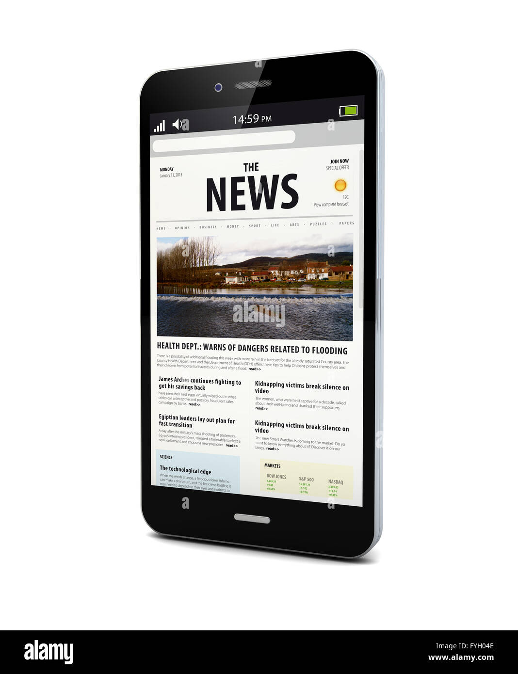Smartphone mit einer News-Seite auf dem Bildschirm gerendert Stockfoto