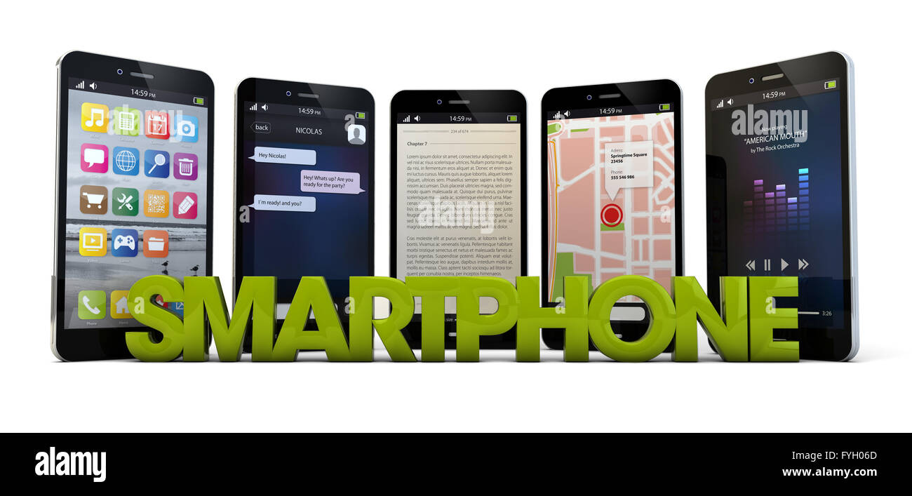 Rendern von fünf Smartphones und das Text-smartphone Stockfoto