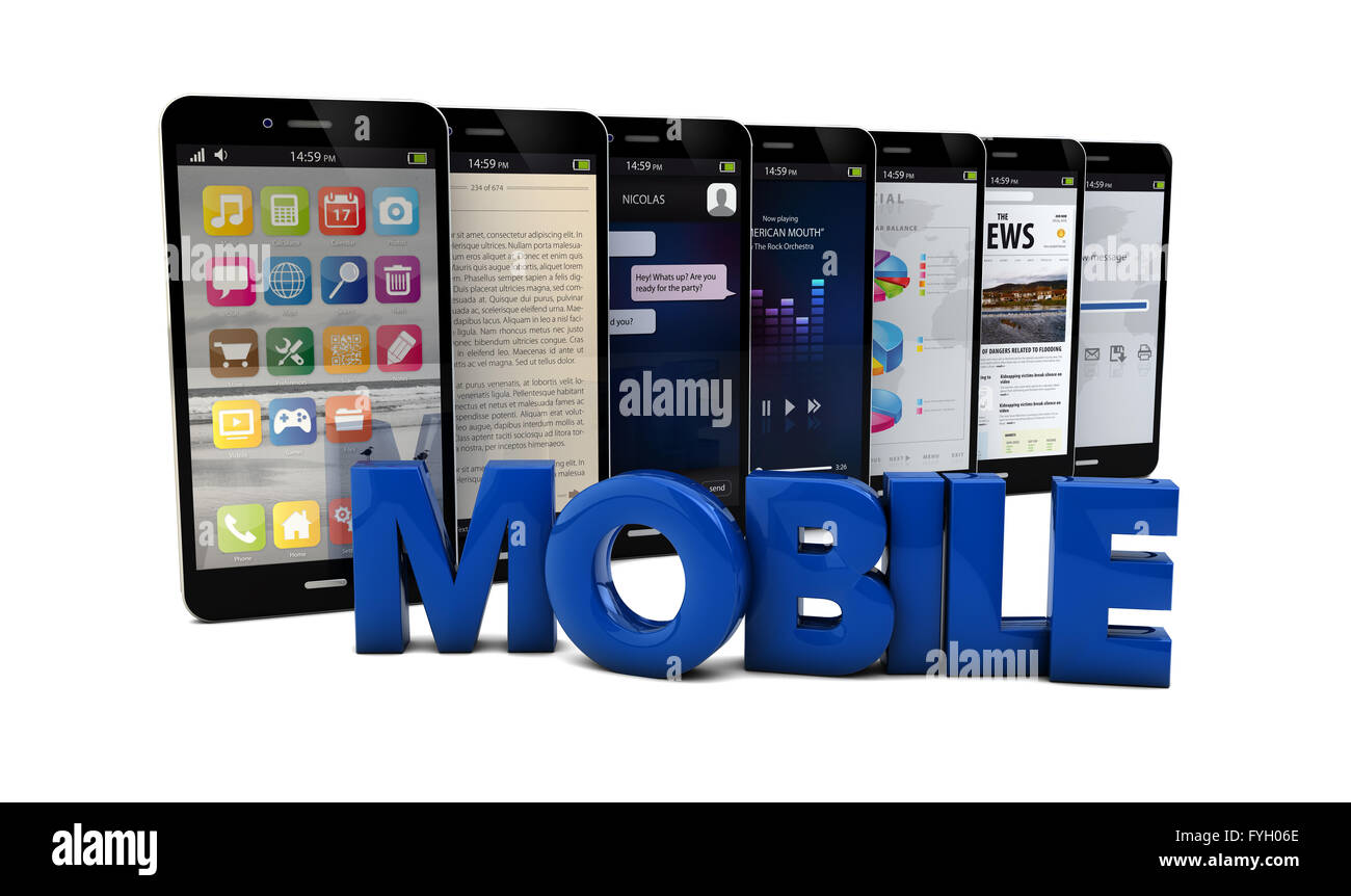 Rendern von fünf Smartphones mit dem Text mobile Stockfoto