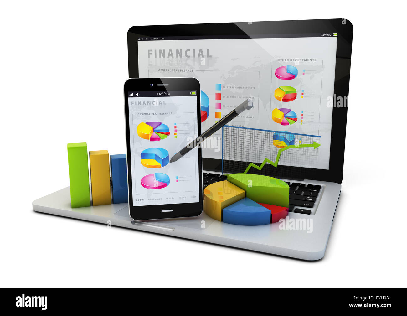 ein Smartphone und ein Laptop mit Finanzen Grafiken rendern Stockfoto