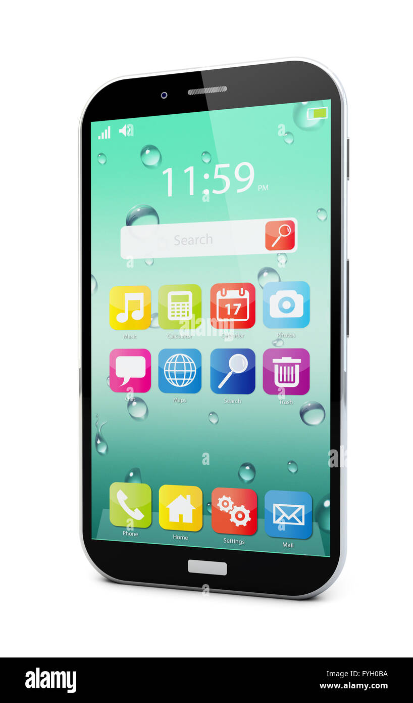 Mobilität, drahtlose Kommunikation und Internet-Web-Konzept: Touchscreen-Smartphone mit bunten Anwendungsschnittstelle mit Symbolen Stockfoto