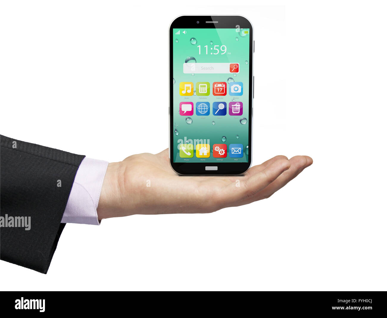 Touchscreen-Smartphones mit bunten Oberfläche mit Farbe Symbole und Schaltflächen, die über einen Geschäftsmann Hand auf weißen Zeitmessung isoliert Stockfoto