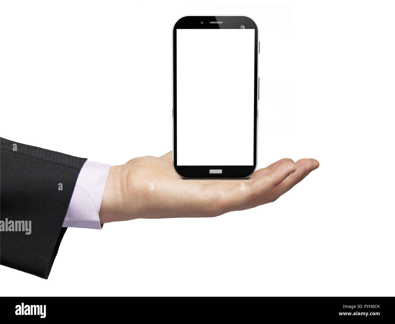 Touchscreen-Smartphone mit leeren Bildschirm über einen Geschäftsmann Hand auf weißen Hintergrund isoliert Stockfoto
