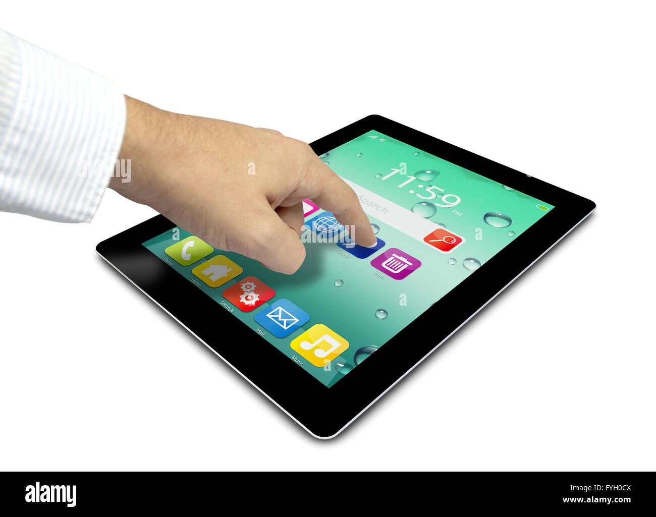 Touchscreen tablet pc mit bunten Schnittstelle farbige Icons und Schaltflächen mit einer Hand berühren des Bildschirms isoliert auf weißem Rücken Stockfoto