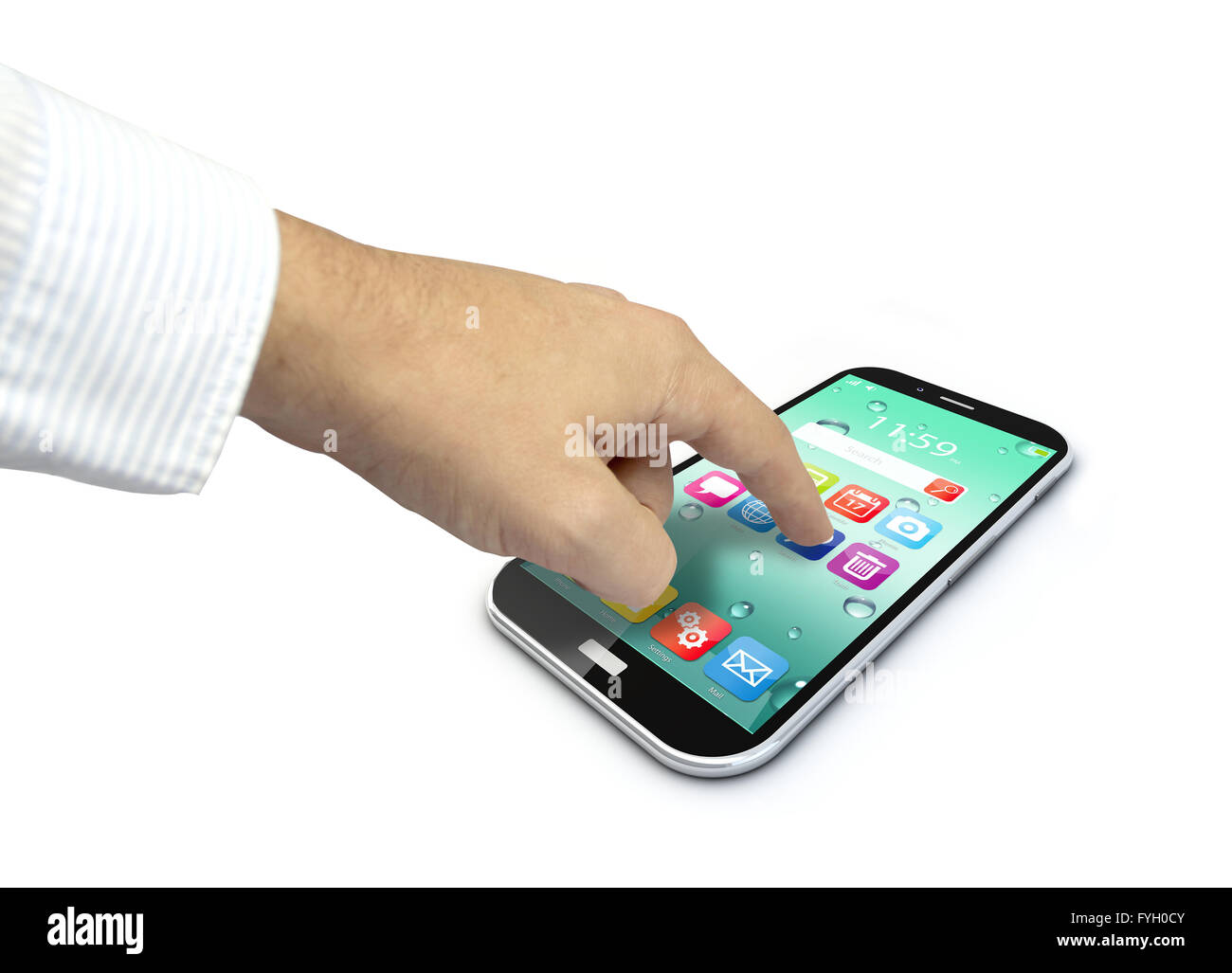 Touchscreen-Smartphone mit bunten Schnittstelle farbige Icons und Schaltflächen mit einer Hand berühren des Bildschirms isoliert auf weißem bac Stockfoto