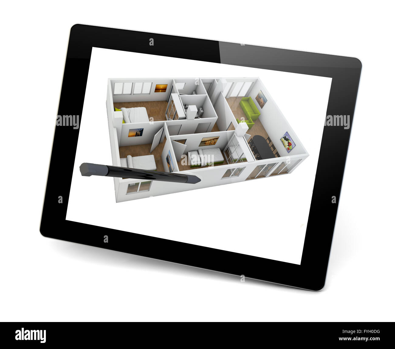 entwerfen ein 3d Haus auf einem Tablet-pc-Konzept: glänzende Tablet-pc mit einem Stift und einer Haus-Projekt auf dem Bildschirm zu isoliert auf weiss Stockfoto
