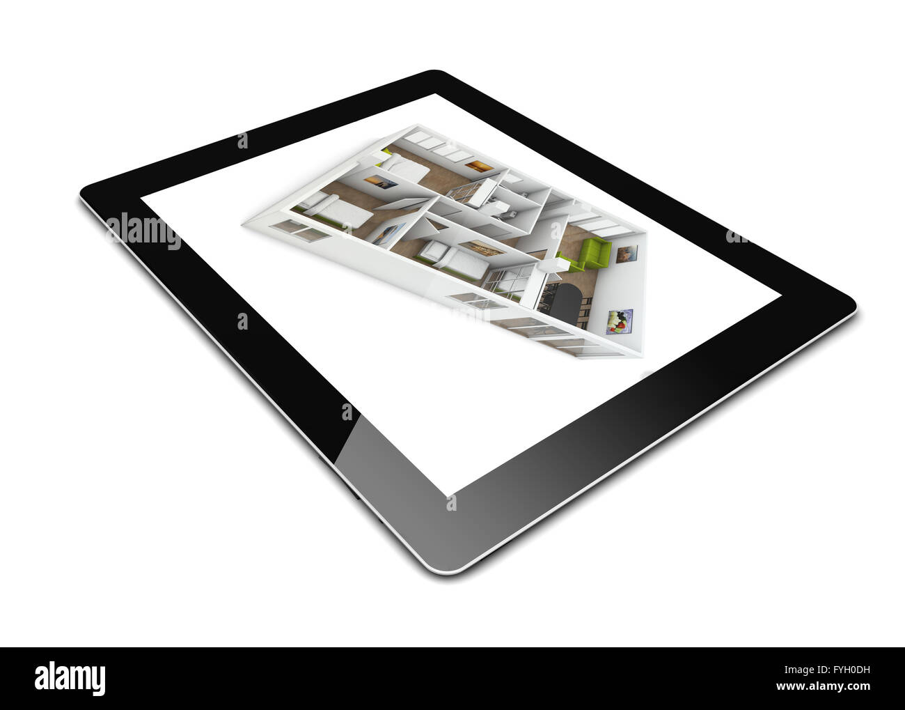Design-Konzept: entwerfen eine Wohnung auf einem Tablet, isoliert auf weiss Stockfoto