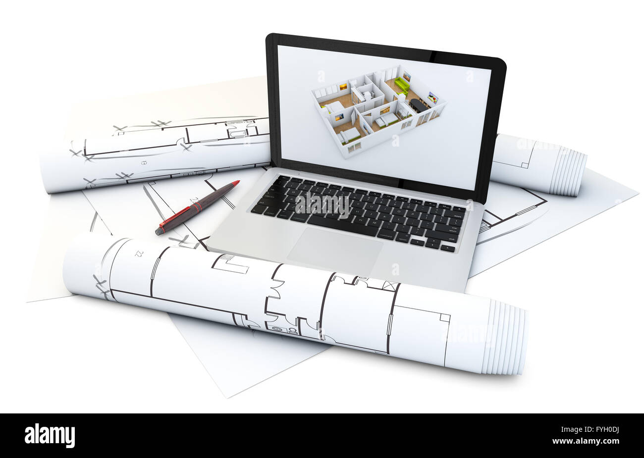 ein Laptop mit Haus-Design-Software auf dem Bildschirm über Grundstücke und technische zieht isoliert auf weißem Hintergrund Stockfoto